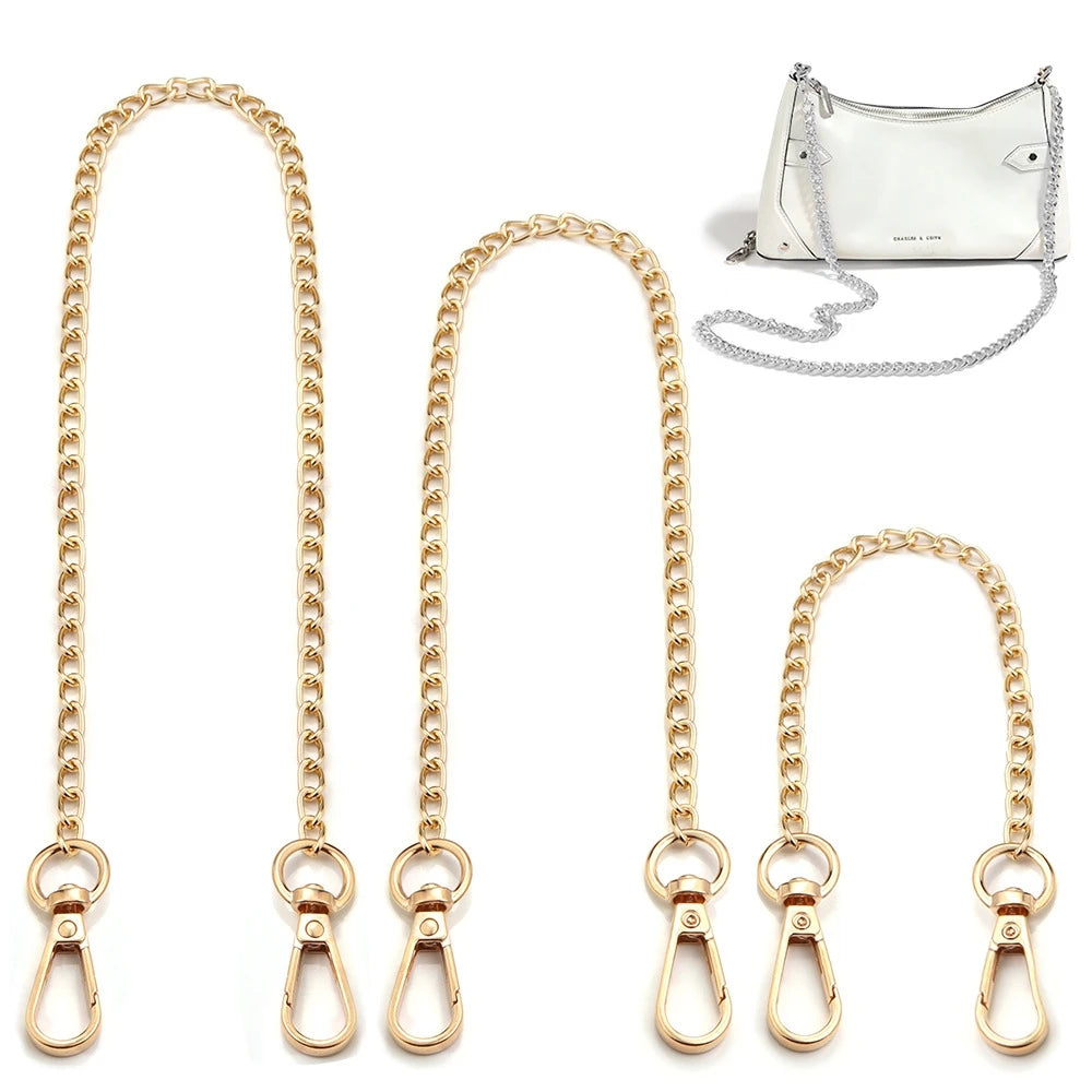 Gold chain strap and leather purse shown with a long chain strap and a small handbag