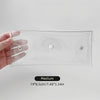 A hand holds a clear, rectangular portable organizer pouch for cosmetics and tools with a medium size label.