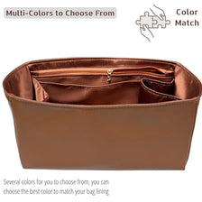 A brown luxury bag organizer insert with a satin lining showing multiple color options for matching.