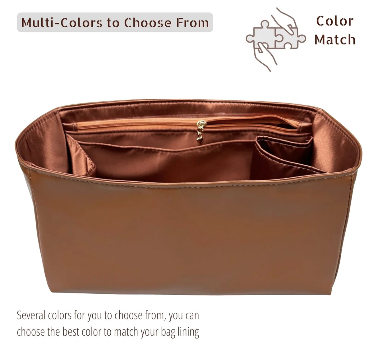 A brown luxury bag organizer insert with a satin lining showing multiple color options for matching.