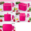 Pink quilted cosmetic storage box shown from front, side, and bottom views with makeup products.