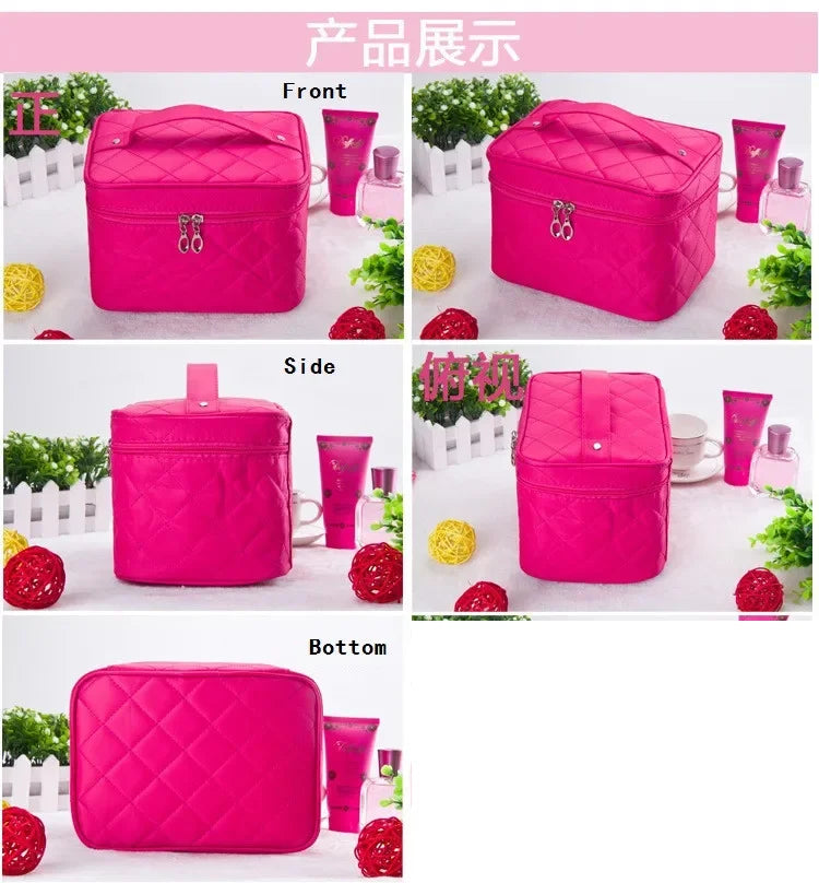 Pink quilted cosmetic storage box shown from front, side, and bottom views with makeup products.