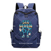 Dunkelblaue Anime-Stil-Rucksack mit Grafik 'SIX SEVEN'.