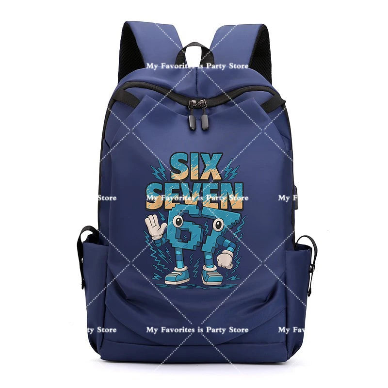 Dunkelblaue Anime-Stil-Rucksack mit Grafik 'SIX SEVEN'.