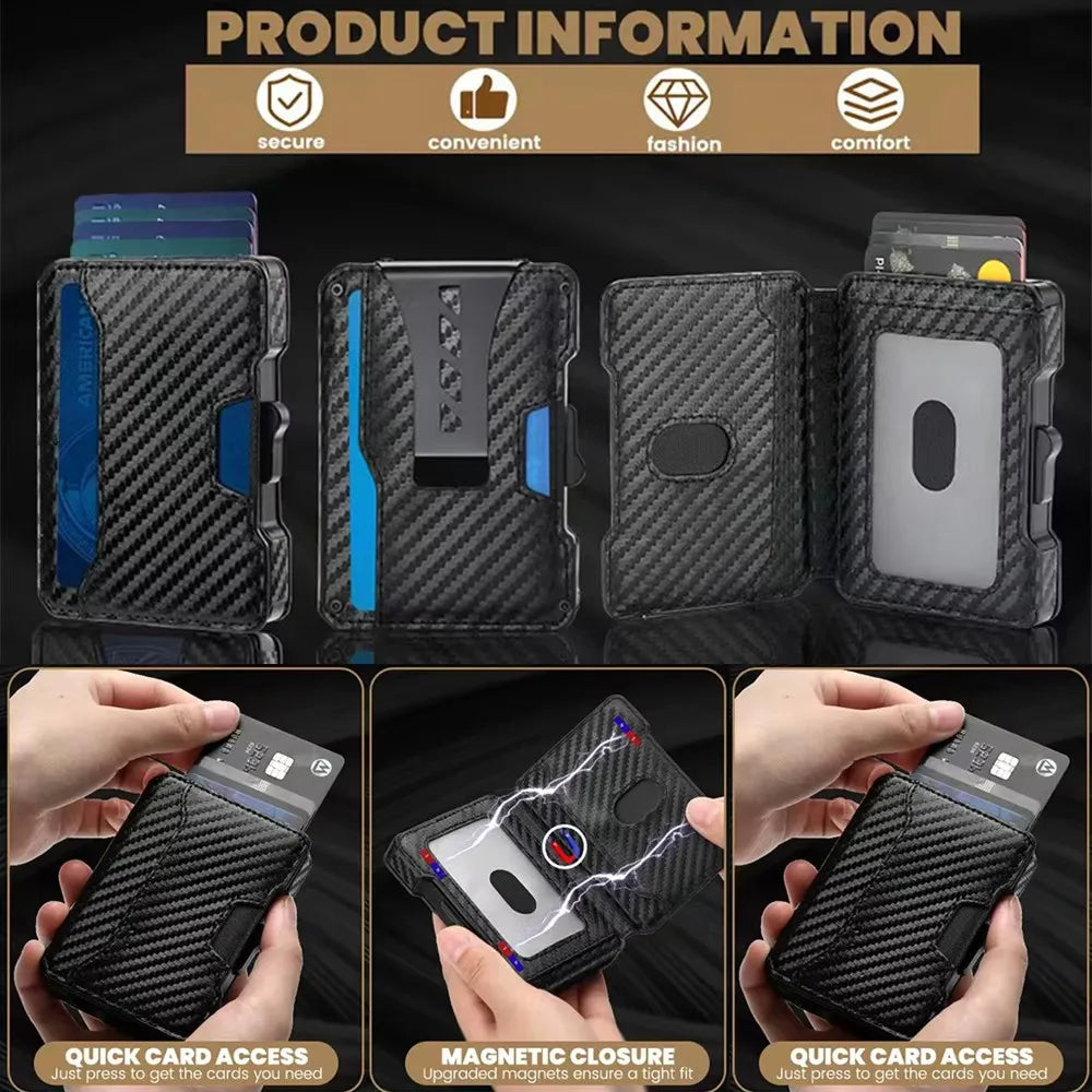 A black slim metal wallet with a textured finish is shown in various angles demonstrating its features.