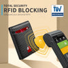 A black carbon fiber minimalist trifold wallet is shown next to an RFID blocking device.