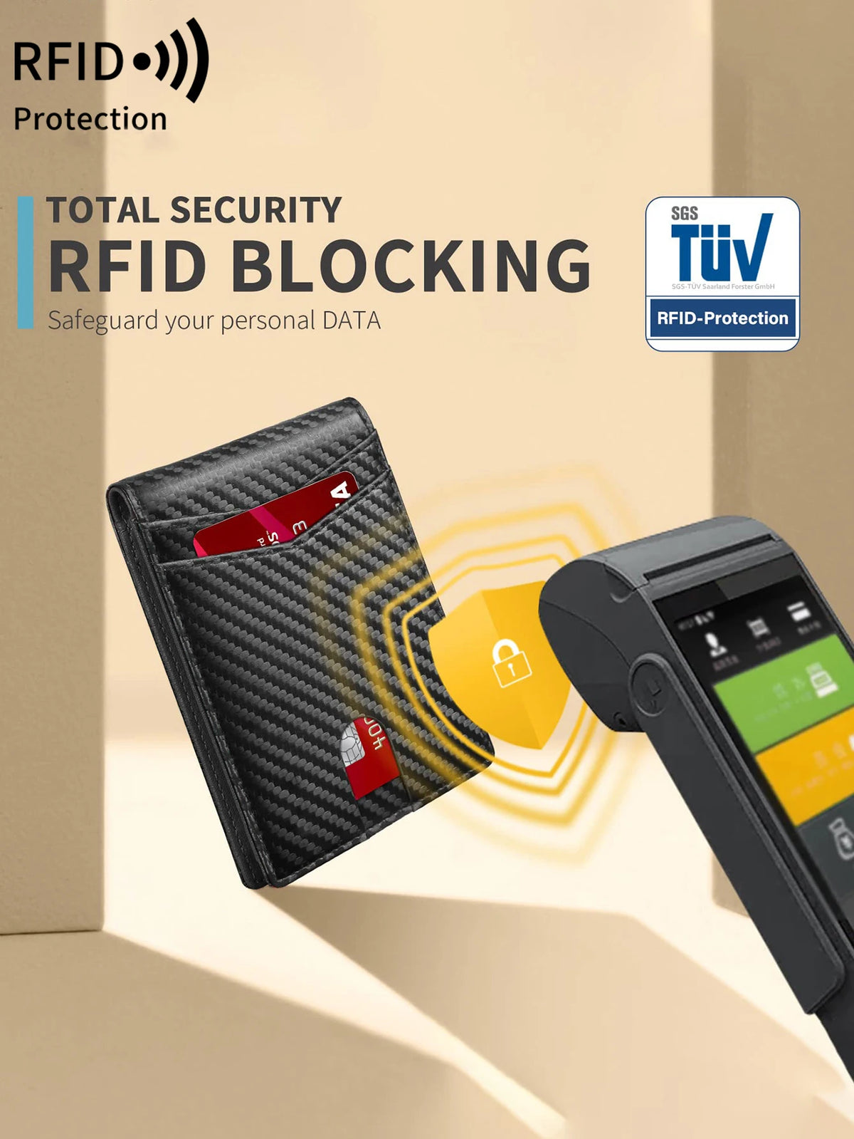 A black carbon fiber minimalist trifold wallet is shown next to an RFID blocking device.