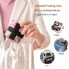 A foldable nylon storage bag in pink and black plaid is shown being held by a hand, with inset images showing it fitting into