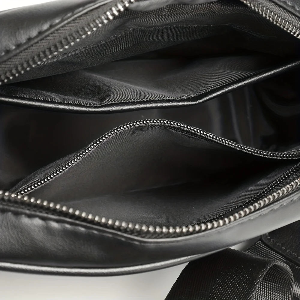 Black men's PU leather crossbody messenger bag shown open with visible stitching