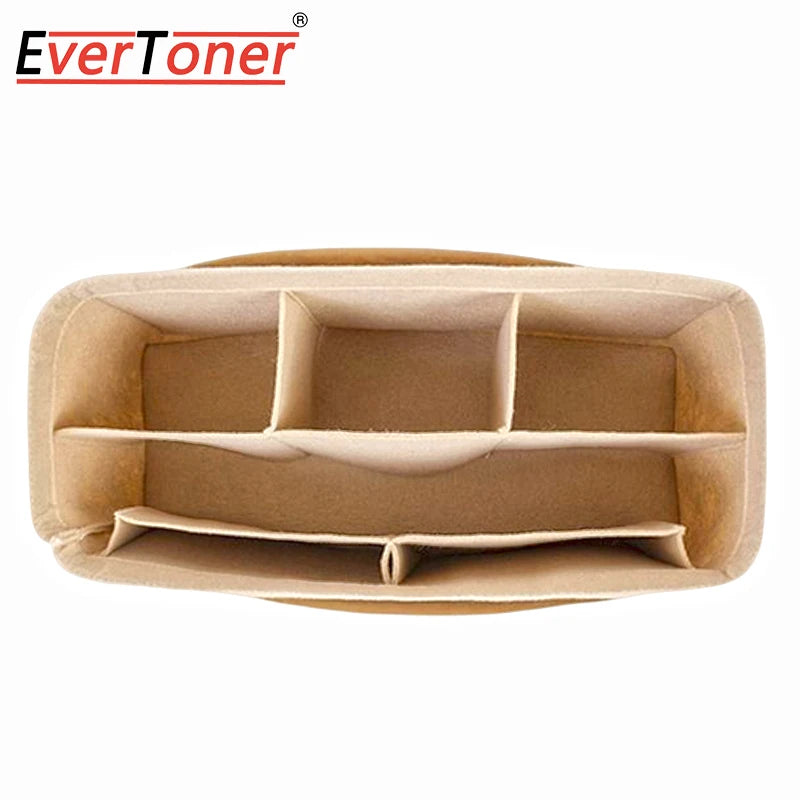 A tan felt bag organizer insert with multiple compartments for organizing items in a tote handbag.