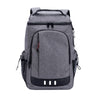 A gray insulated picnic cooler backpack with black accents and a bottle opener feature.