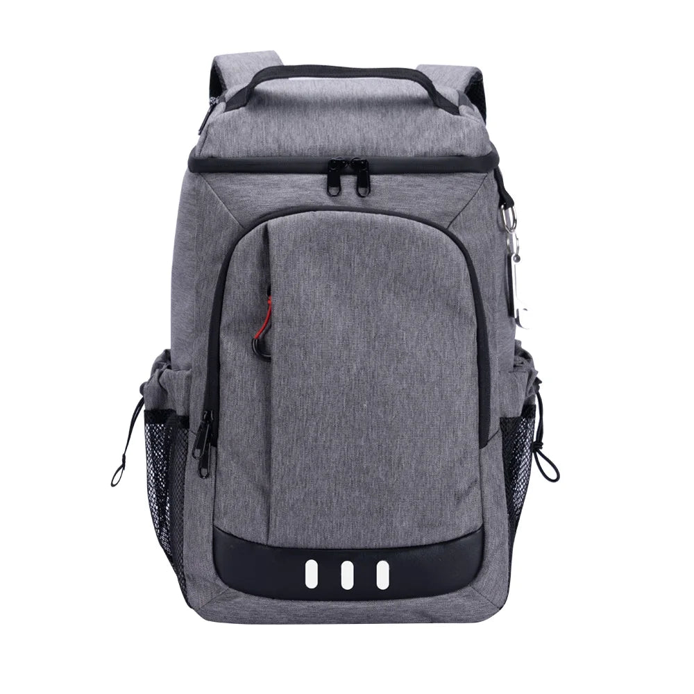 A gray insulated picnic cooler backpack with black accents and a bottle opener feature.