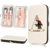 A beige cosmetic case holding a 7-piece stainless steel nail clipper set and a matching compact case.