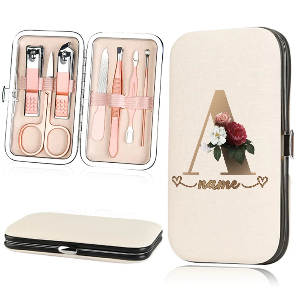 A beige cosmetic case holding a 7-piece stainless steel nail clipper set and a matching compact case.