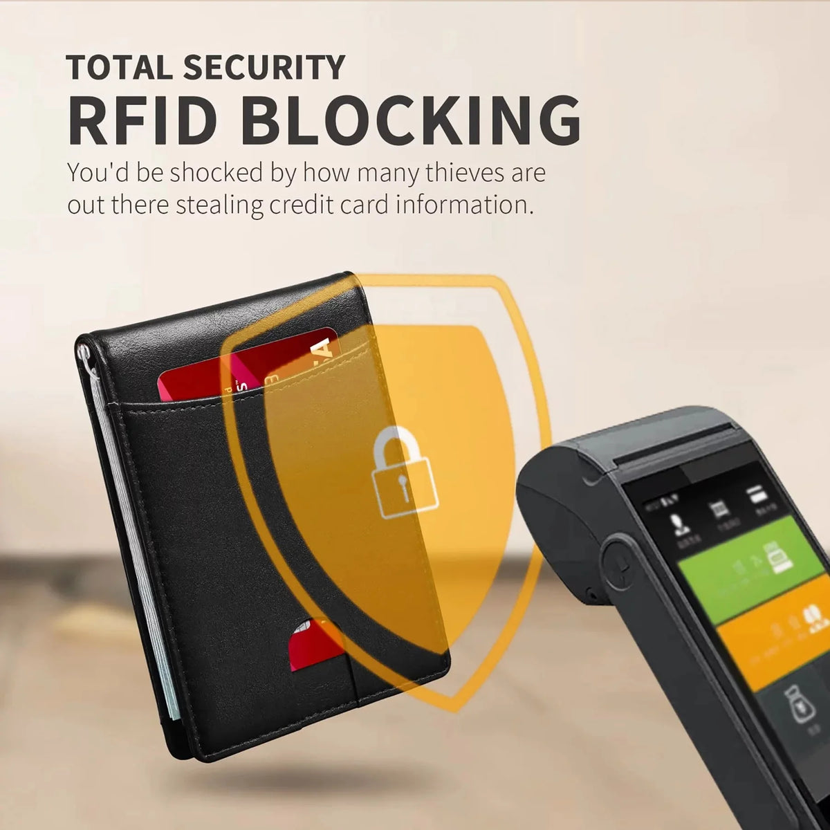A black slim bifold wallet is shown with a yellow glow indicating RFID blocking protection.
