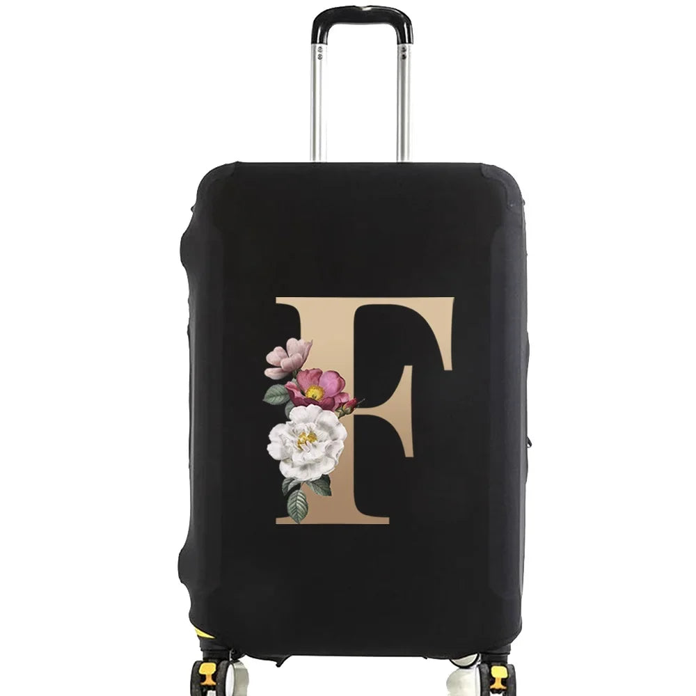 Black premium elastic luggage protective cover with a gold initial F design