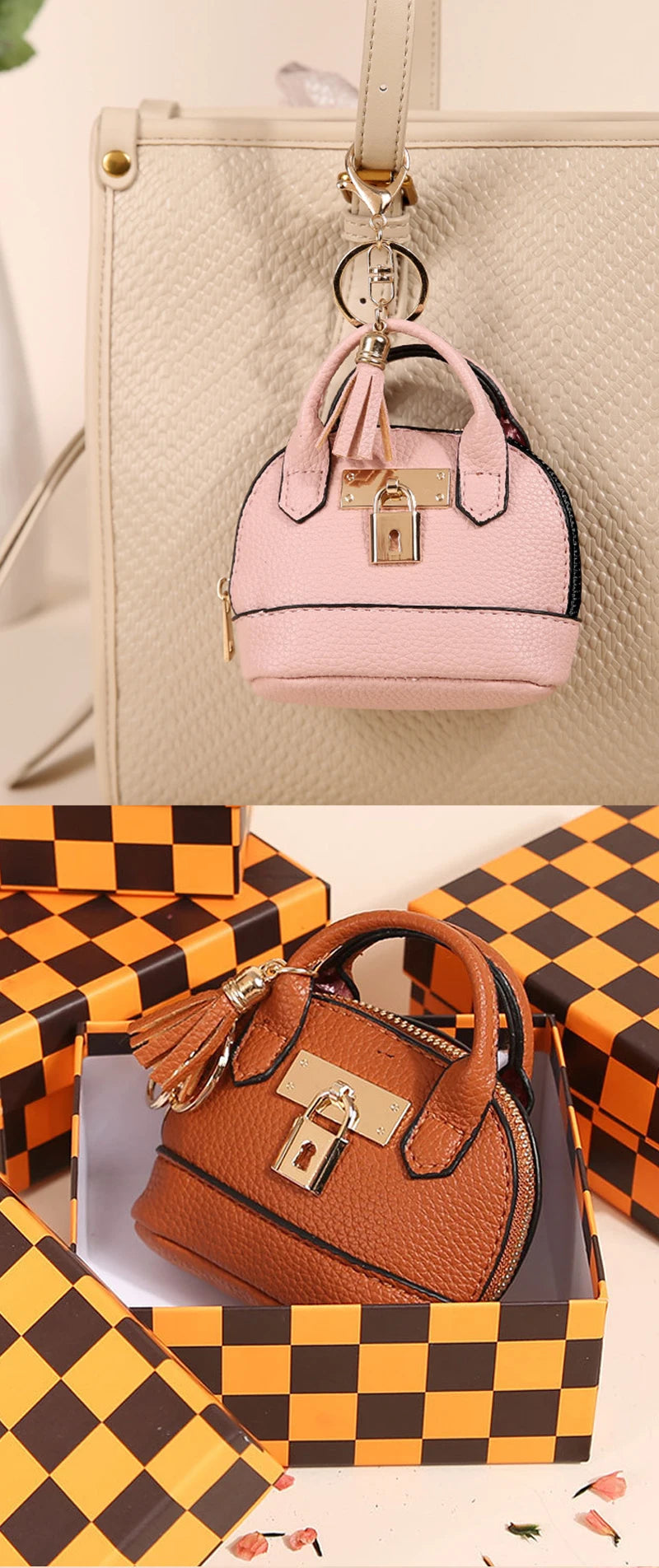 Portefeuille en plastique rose de luxe avec fermoir doré, exposé sur une boîte à carreaux orange et noir.