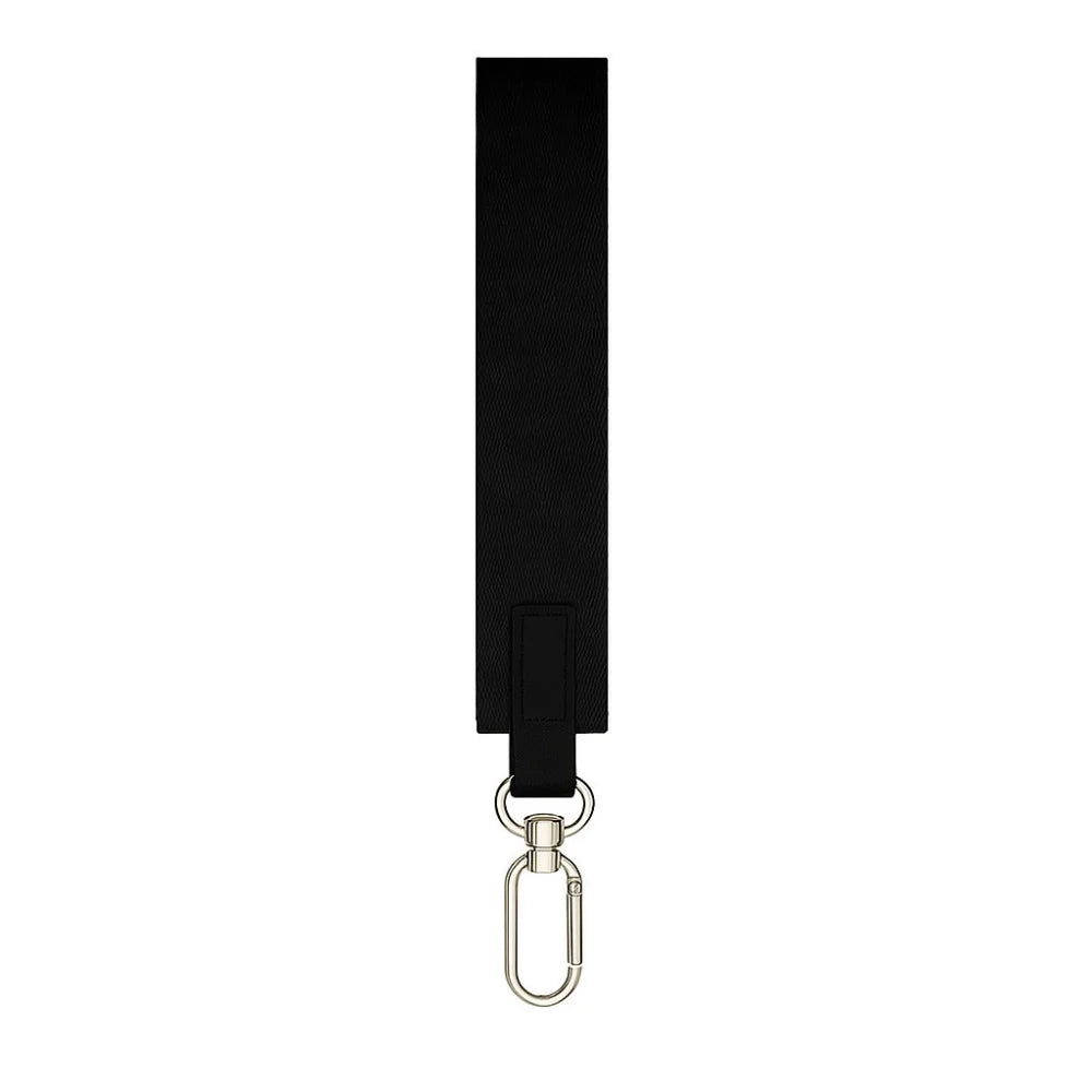 Black nylon wrist strap keychain with a silver split ring.