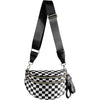 Black checkered pattern crossbody sling bag with adjustable black strap