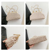 A beige pearl embellished crossbody shoulder bag shown in multiple angles against a dark background.