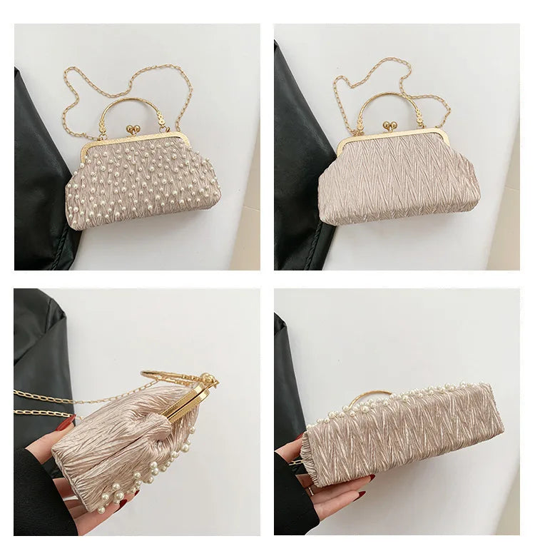 A beige pearl embellished crossbody shoulder bag shown in multiple angles against a dark background.