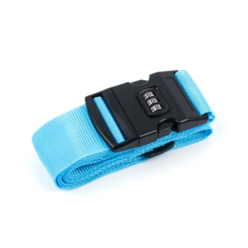 A blue adjustable luggage strap with a black combination lock feature.
