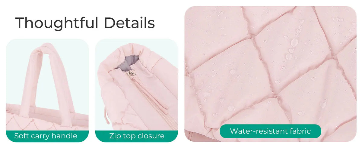 Close-up of a pink quilted puffy tote bag showing a soft carry handle and zip top closure.