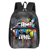 A black backpack featuring a colorful cartoon game controller design on the front pocket.