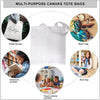 Multi-purpose canvas tote bags shown in various uses including shopping, beach, classroom projects, and book carrying.