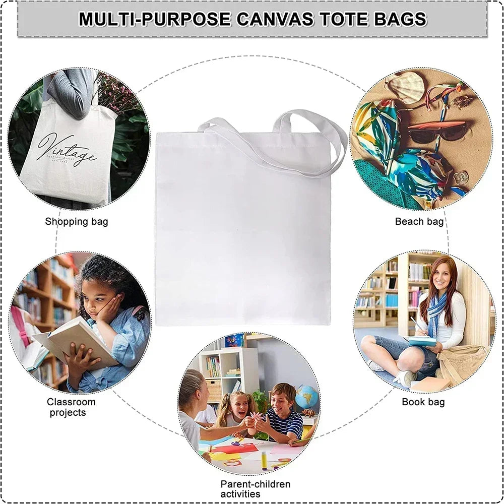 Multi-purpose canvas tote bags shown in various uses including shopping, beach, classroom projects, and book carrying.