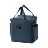 A dark blue insulated canvas tote bag with double pockets and carrying handles.