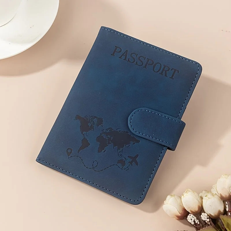 A dark blue passport wallet with the word PASSPORT embossed on the cover, resting on a light surface.