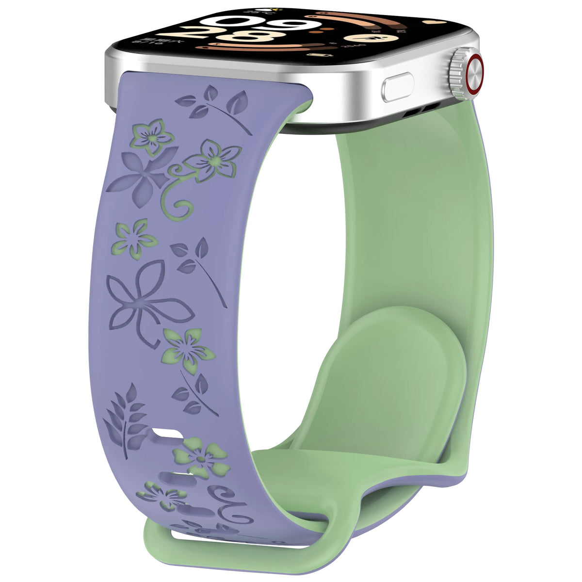 Reloj inteligente plateado con correa de silicona floral morada y una banda verde claro.