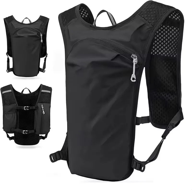 Black running and cycling hydration vest backpack shown in multiple views