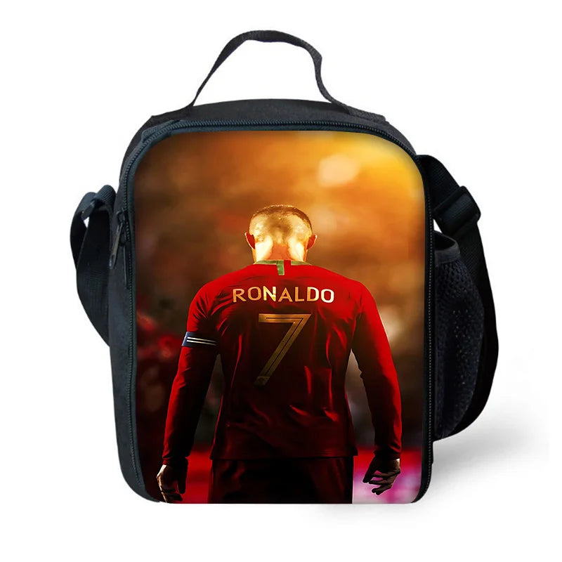 A black backpack featuring a graphic of Cristiano Ronaldo in a red jersey.