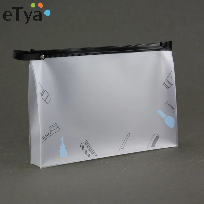 Bolsa transparente para guardar cosméticos con cremallera negra y dibujos de productos de belleza