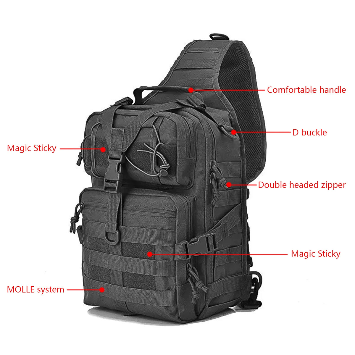 Black multi-compartment crossbody and chest bag featuring a comfortable handle, D buckle, double headed zipper, and MOLE syst