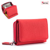 Cartera de cuero genuino rojo con cierre, con sección interior visible y ranura para tarjeta separada.