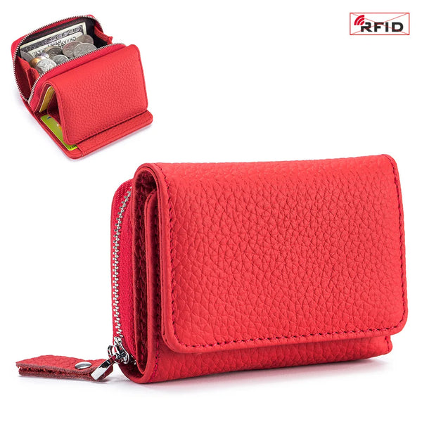 A red genuine cow leather small zipper wallet with a visible interior section and a separate card slot.