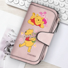 A pink women's long zipper handbag coin purse featuring cute yellow and pink bear illustrations.