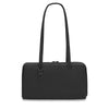 A black leopard print nylon shoulder tote bag hanging from a long strap.