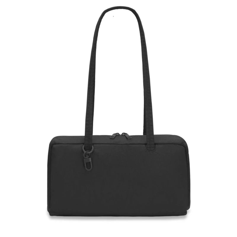 A black leopard print nylon shoulder tote bag hanging from a long strap.
