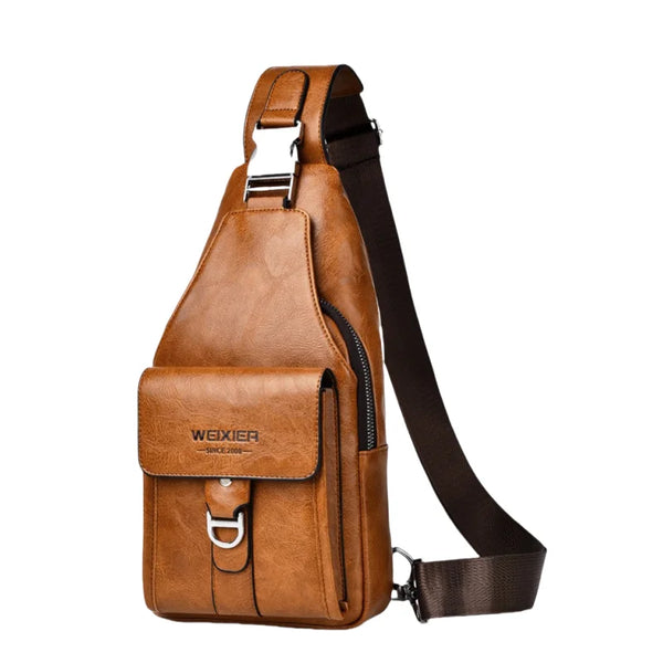 A brown men's PU leather belt sling chest bag with a black strap and flap.