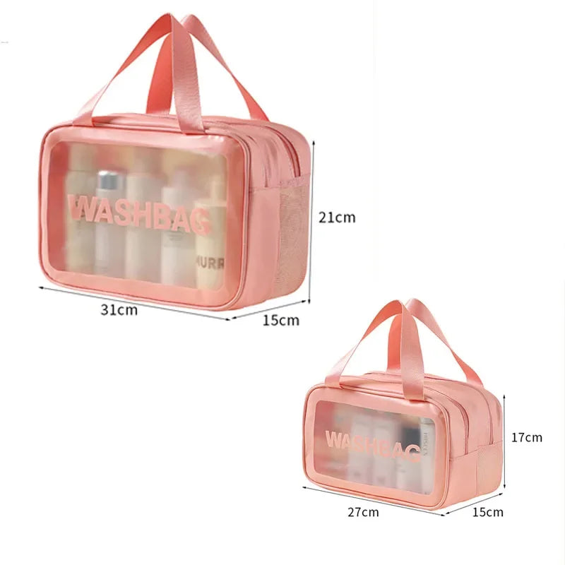 A pink cosmetic pouch with a clear window for dry-wet separation, shown in multiple sizes.