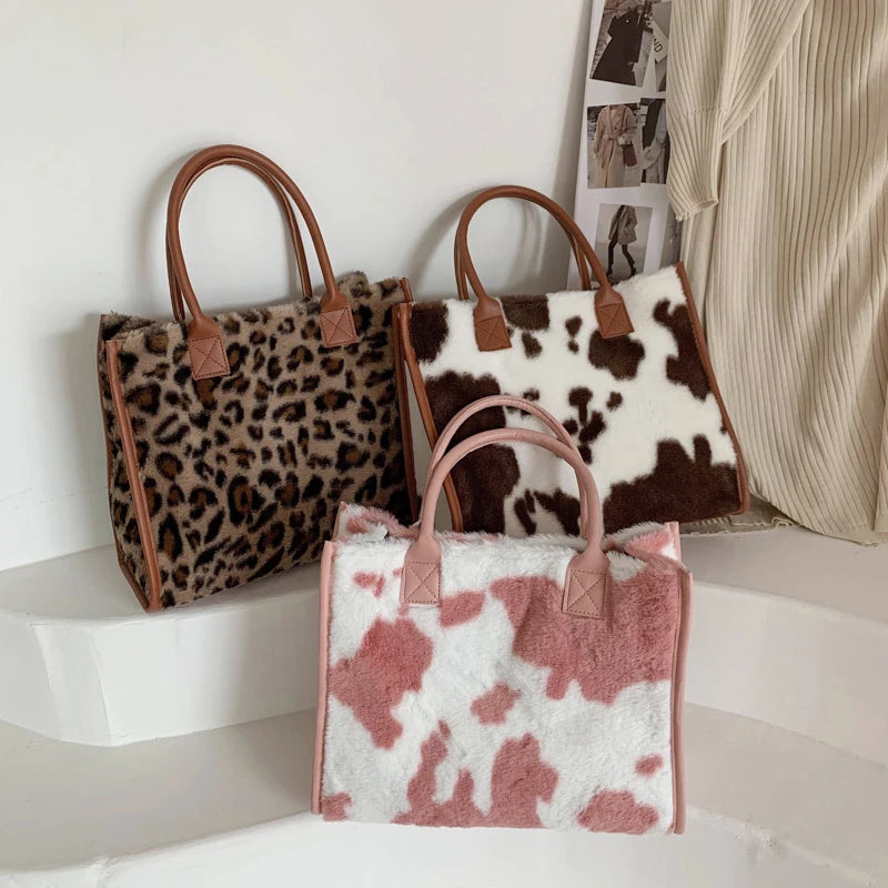 A collection of designer shoulder tote bags featuring leopard print faux fur and brown leather accents.