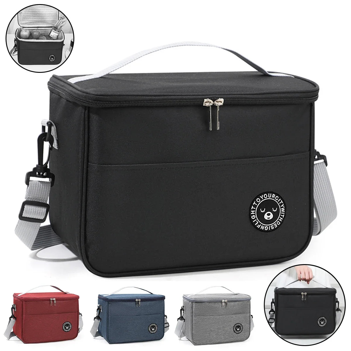 A black insulated lunch tote bag shown in various colors, including red, blue, and gray, with adjustable shoulder straps.