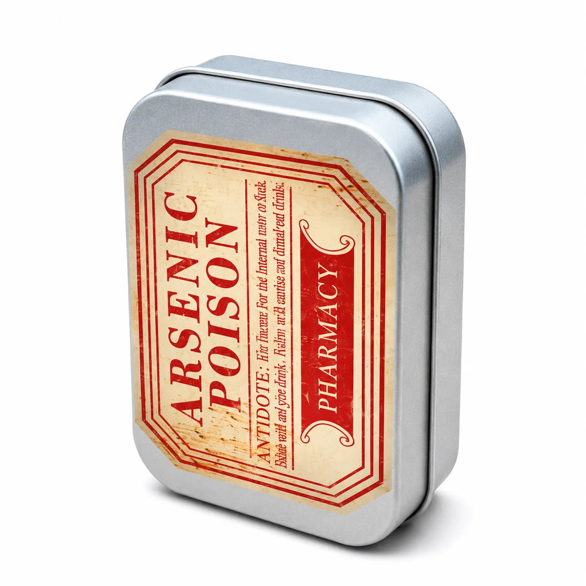 A silver metal storage box with a red label featuring the word PHARMACY and ANTIDOTE POISON
