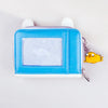 A light blue anime-themed trifold zipper wallet with a clear ID window and white accents.