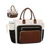 Sac cabas blanc et marron à multiples poches avec accents en cuir et une pochette en toile.
