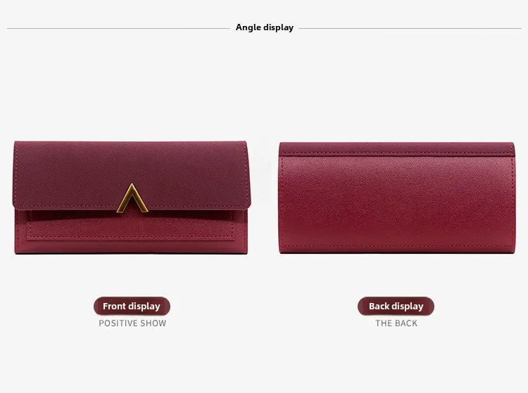 A maroon tri-fold PU card holder wallet shown in angle display, featuring front and back views.